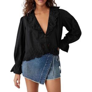 BNWT Free People Womens Maisie Black Embroidered Cotton Blouse Shirt